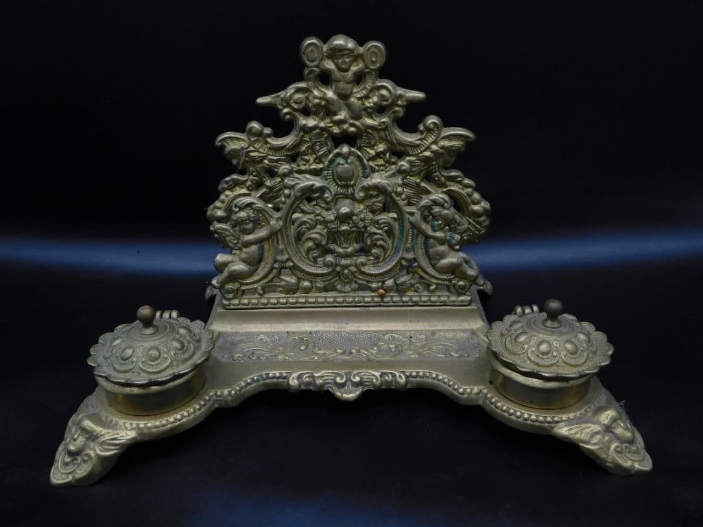 C DOUBLE INKWELL AND LETTER HOLDER VINTAGE ANTIQUE: C DOUBLE INKWELL AND LETTER HOLDER VINTAGE ANTIQUE