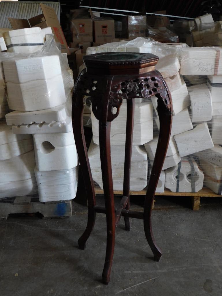 CHINESE CARVED ROSEWOOD PEDESTAL STAND WITH INSET MARBLE TOP: PICK UP APRIL 2ND FROM 12-2 IN THAYER, MO OR BY APPOINTMENT ON A PRE-SCHEDULED DAY THAT MAY INCUR A FEE.