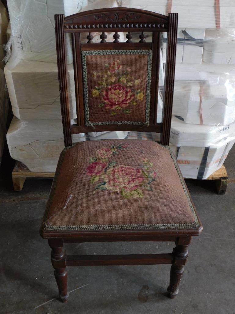 DINING CHAIR WITH HIGH BACK AND NEEDLEPOINT SEAT WITH ROSE FLORAL UPHOLSTERY: PICK UP APRIL 2ND FROM 12-2 IN THAYER, MO OR BY APPOINTMENT ON A PRE-SCHEDULED DAY THAT MAY INCUR A FEE.