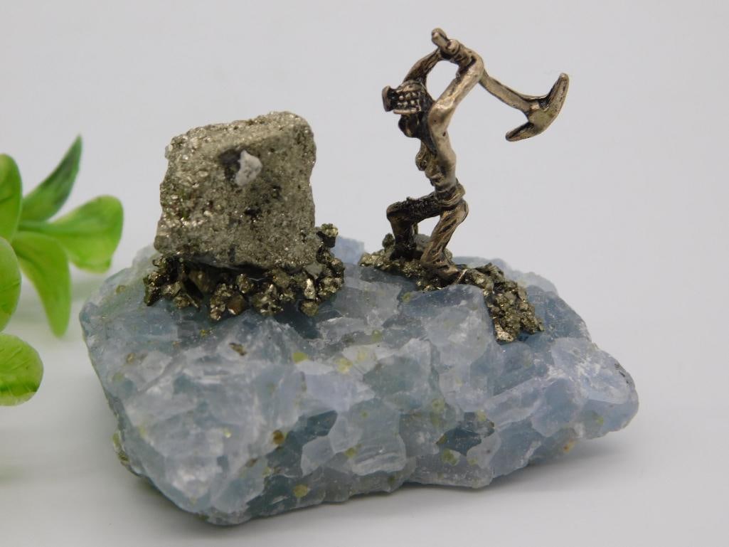 PYRITE MINER ON CELESTITE ROCK STONE LAPIDARY SPECIMEN: PYRITE MINER ON CELESTITE ROCK STONE LAPIDARY SPECIMEN