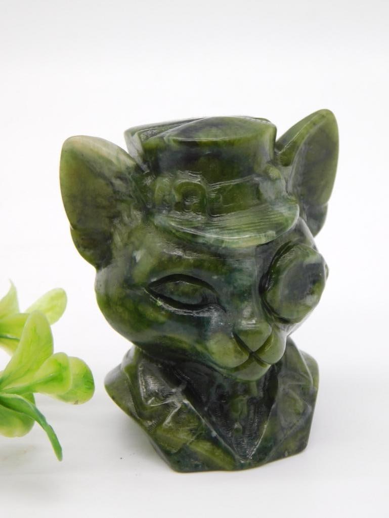 JADE STEAMPUNK CAT WITH TOP HAT ROCK STONE LAPIDARY SPECIMEN: JADE STEAMPUNK CAT WITH TOP HAT ROCK STONE LAPIDARY SPECIMEN