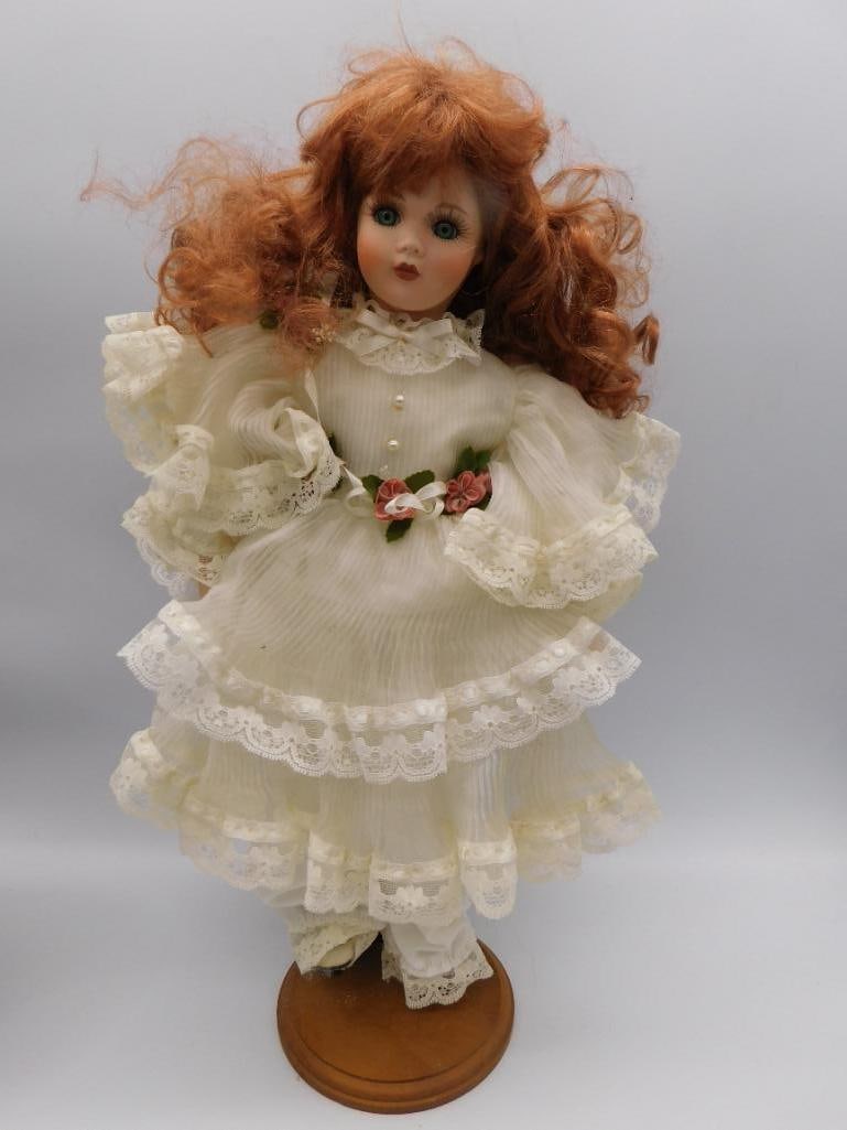 VINTAGE PORCELAIN DOLL FROM THE SEYMOUR MANN CONNOISSEUR DOLL COLLECTION WHITE DRESS WITH ROSES AND: VINTAGE PORCELAIN DOLL FROM THE SEYMOUR MANN CONNOISSEUR DOLL COLLECTION WHITE DRESS WITH ROSES AND RED HAIR