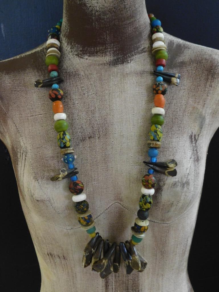 AFRICAN TRADE BEADS WITH BUFFALO TEETH ACCENT ROCK STONE LAPIDARY SPECIMEN: AFRICAN TRADE BEADS WITH BUFFALO TEETH ACCENT ROCK STONE LAPIDARY SPECIMEN