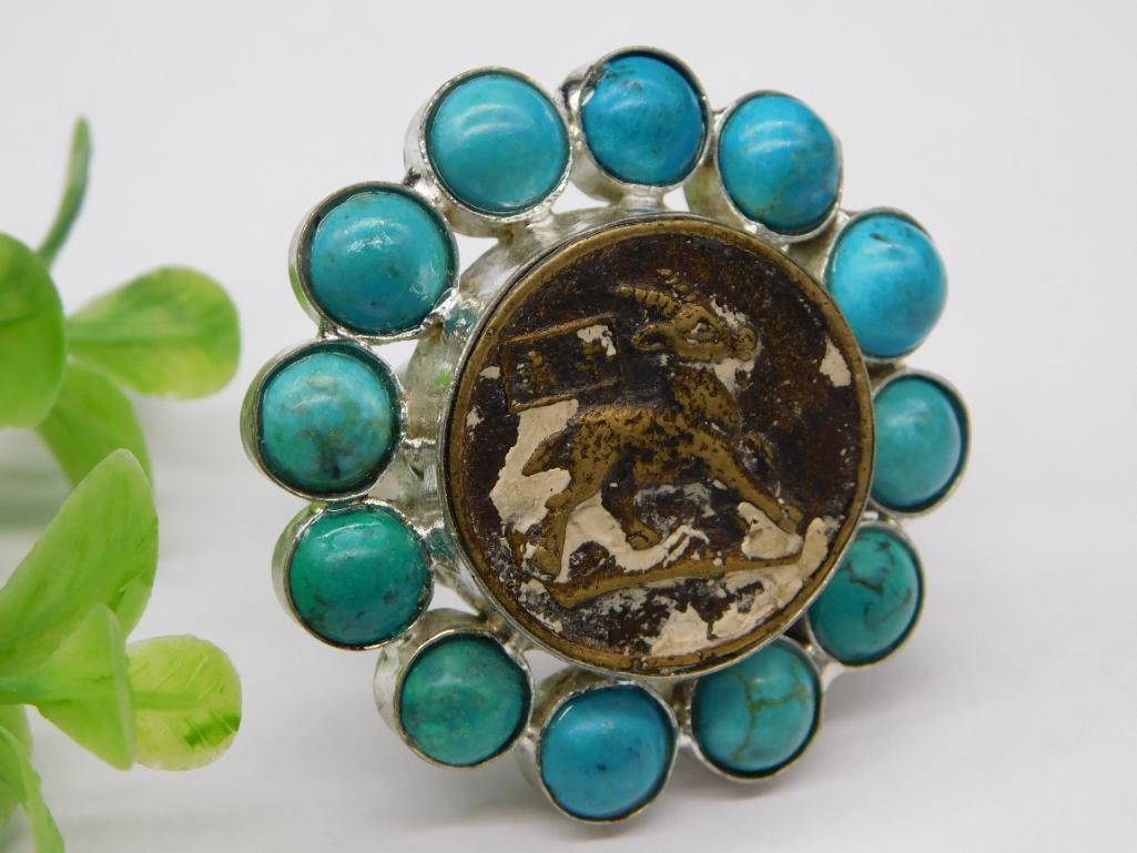 TURQUOISE AND GOAT COIN STATEMENT RING ROCK STONE LAPIDARY SPECIMEN: TURQUOISE AND GOAT COIN STATEMENT RING ROCK STONE LAPIDARY SPECIMEN