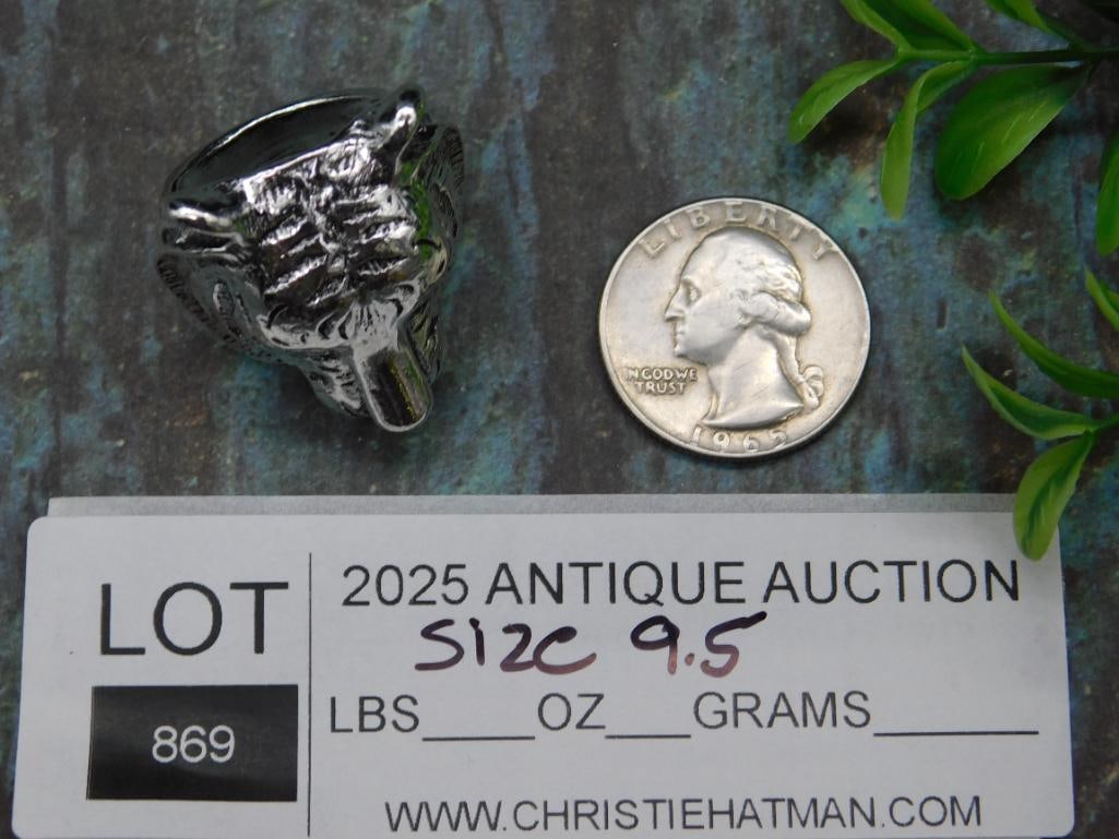 Mens Silver-Tone Tiger Head Ring, Size 9.5 - 2