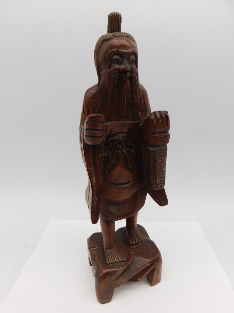 Hand-Carved Wooden Figurine of Bearded Man on Stand: Hand-Carved Wooden Figurine of Bearded Man on Stand