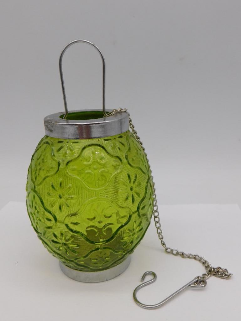 Green Pressed Glass Hanging Lantern With Chain: Green Pressed Glass Hanging Lantern With Chain