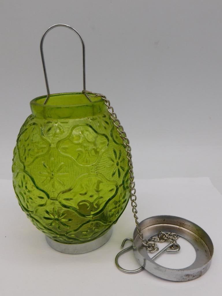 Green Pressed Glass Hanging Lantern With Chain - 2