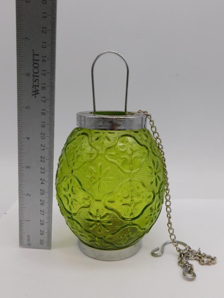 Green Pressed Glass Hanging Lantern With Chain - 3