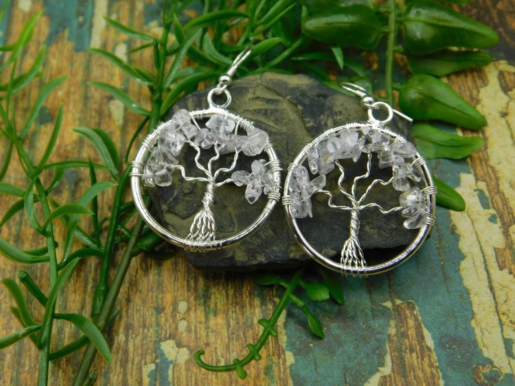 QUARTZ WIRE TREE EARRINGS ROCK STONE LAPIDARY SPECIMEN: QUARTZ WIRE TREE EARRINGS ROCK STONE LAPIDARY SPECIMEN
