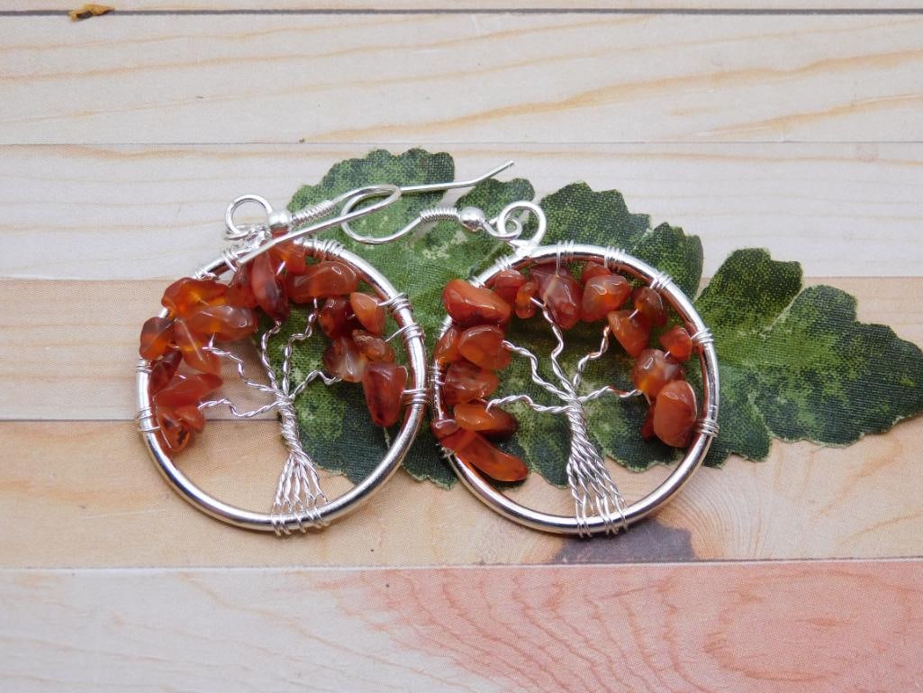 CARNELIAN WIRE TREE EARRINGS ROCK STONE LAPIDARY SPECIMEN: CARNELIAN WIRE TREE EARRINGS ROCK STONE LAPIDARY SPECIMEN