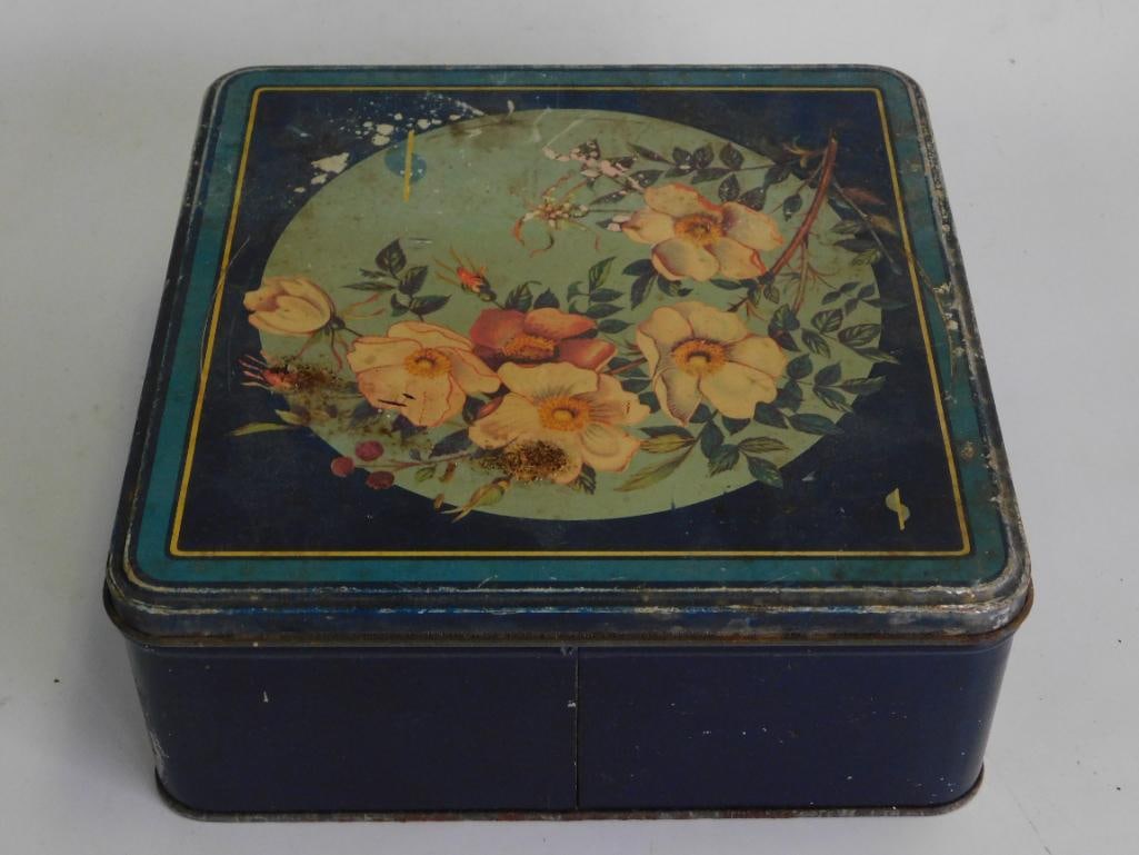 B VINTAGE FLORAL TIN BOX ANTIQUE: B VINTAGE FLORAL TIN BOX ANTIQUE