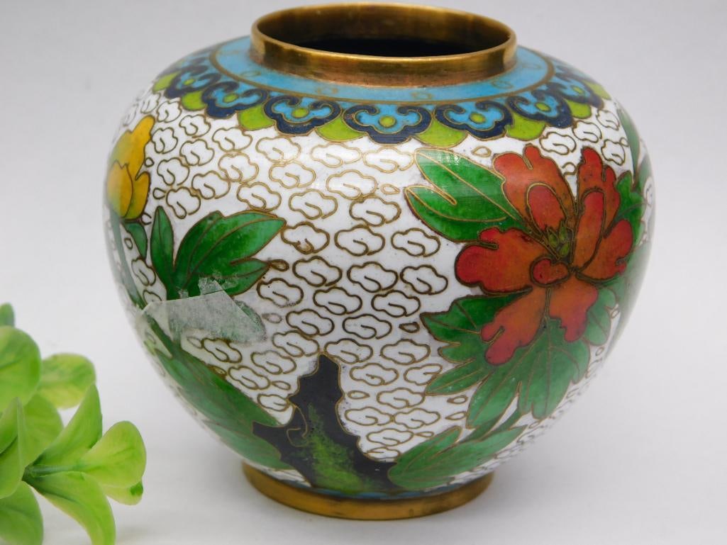 B ASIAN-INSPIRED CLOISONNE ENAMEL GINGER JAR VASE VINTAGE ANTIQUE: B ASIAN-INSPIRED CLOISONNE ENAMEL GINGER JAR VASE VINTAGE ANTIQUE