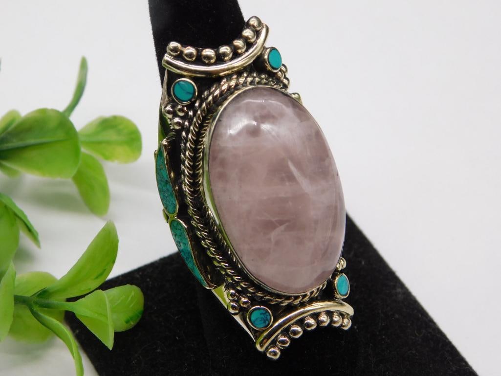 B ROSE QUARTZ AND TURQUOISE RING ROCK STONE LAPIDARY SPECIMEN: B ROSE QUARTZ AND TURQUOISE RING ROCK STONE LAPIDARY SPECIMEN