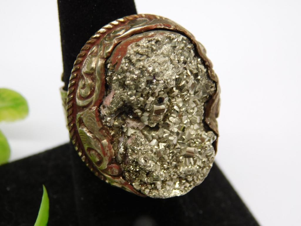PYRITE ADJUSTABLE RING WITH INTRICATE TOOLING ROCK STONE LAPIDARY SPECIMEN: PYRITE ADJUSTABLE RING WITH INTRICATE TOOLING ROCK STONE LAPIDARY SPECIMEN