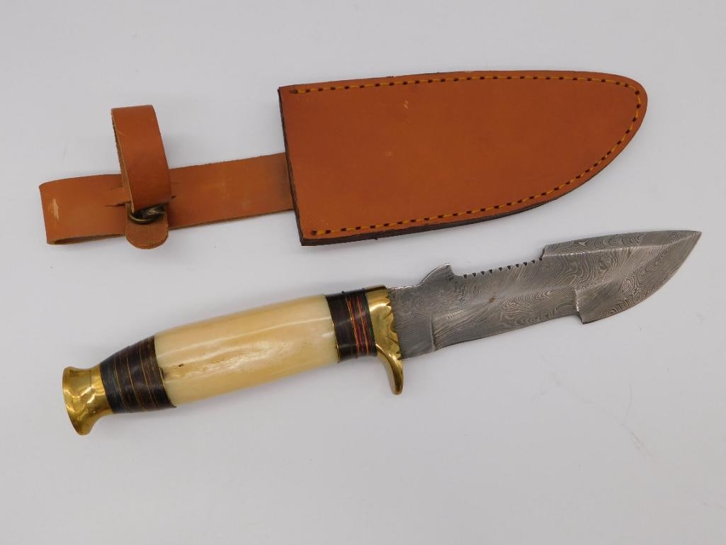 DAMASCUS STEEL KNIFE WITH LEATHER SHEATH VINTAGE TOOL (1 of 5)