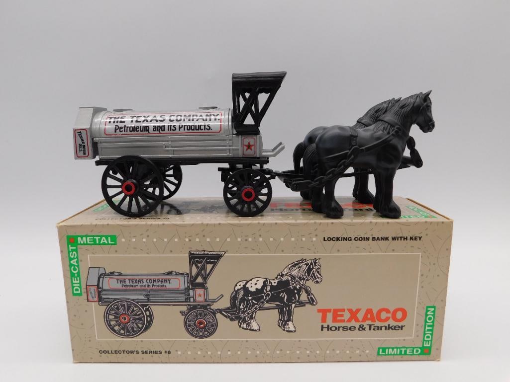 1991 ERTL TEXACO HORSE AND TANKER DIE-CAST LOCKING COIN BANK WITH ORIGINAL BOX: 1991 ERTL TEXACO HORSE AND TANKER DIE-CAST LOCKING COIN BANK WITH ORIGINAL BOX