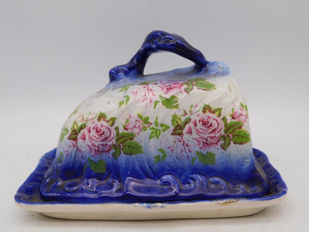 C VINTAGE FLOW BLUE CERAMIC BUTTER DISH WITH LID (1 of 4)