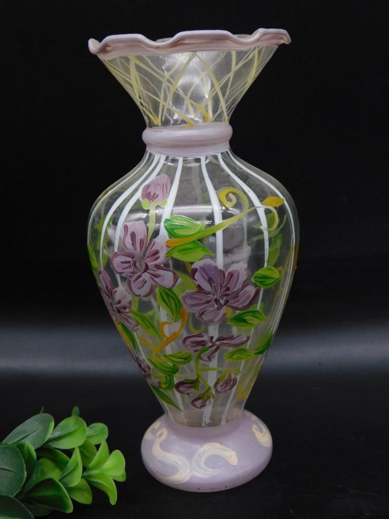 C HAND-PAINTED GLASS VASE WITH RUFFLED RIM, PURPLE FLORAL DESIGNS, AND VERTIAL GREEN STRIPES (1 of 2)