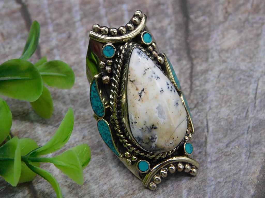 C DENDRITIC OPALITE AND TURQUOISE RING ROCK STONE LAPIDARY SPECIMEN (1 of 2)
