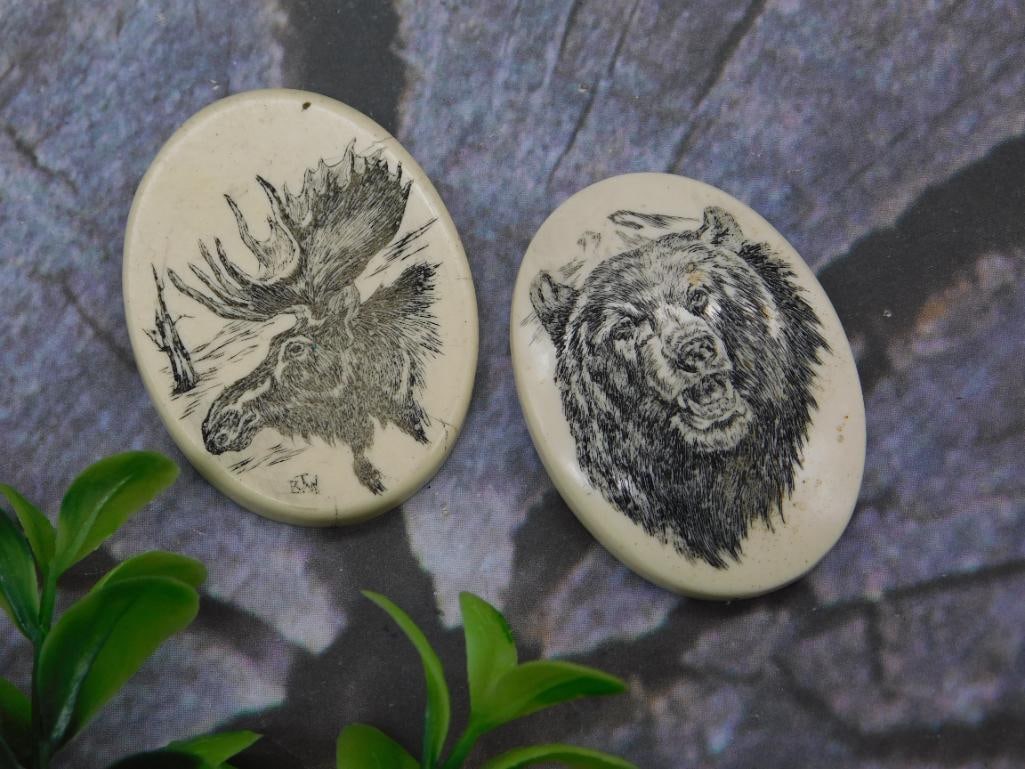 SCRIMSHAW CABOCHONS BEAR AND MOOSE ROCK STONE LAPIDARY SPECIMEN (1 of 2)