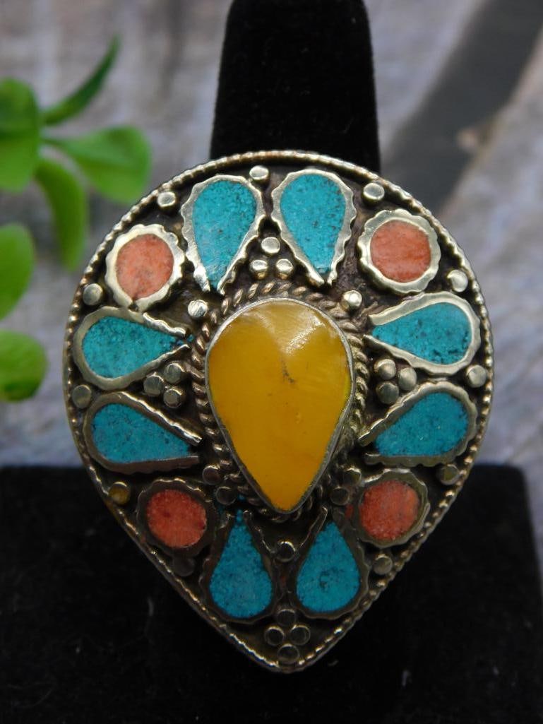 TURQUOISE, CARNELIAN, RED CORAL STATEMENT RING ROCK STONE LAPIDARY SPECIMEN (1 of 2)