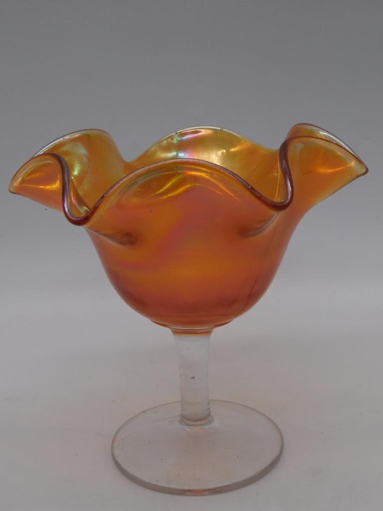 MARIGOLD CARNIVAL GLASS COMPOTE WITH RUFFLED EDGE VINTAGE ANTIQUE (1 of 2)