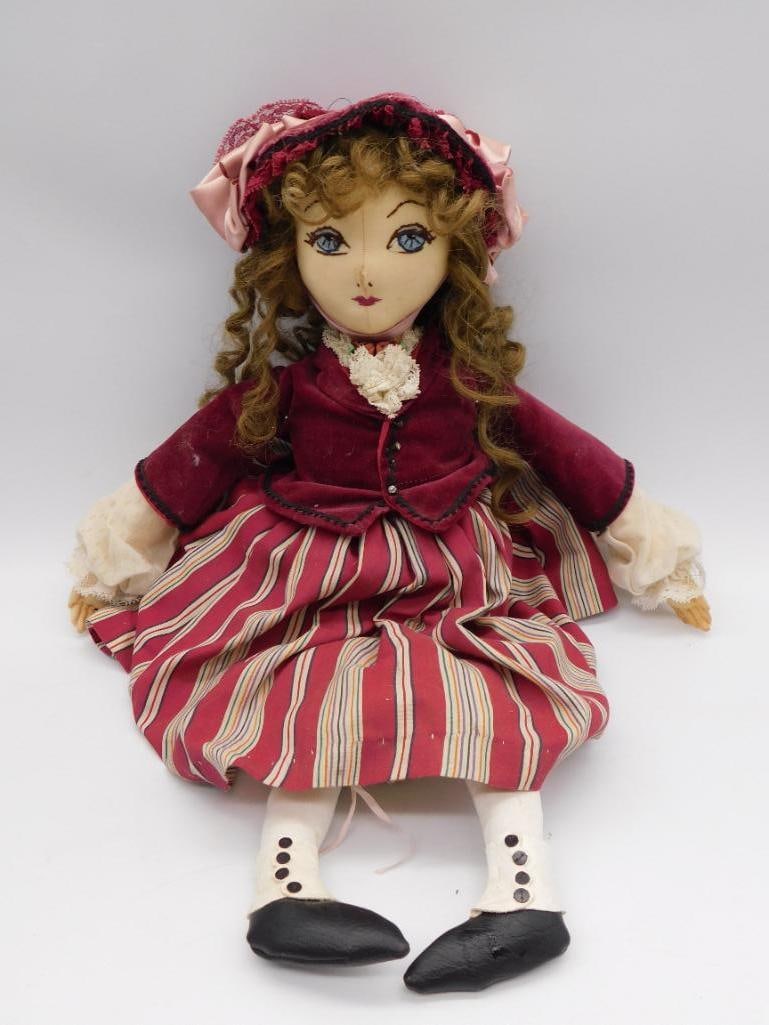 VINTAGE HANDMADE RAGDOLL WITH RED JACKET AND STRIPED SKIRT (1 of 2)