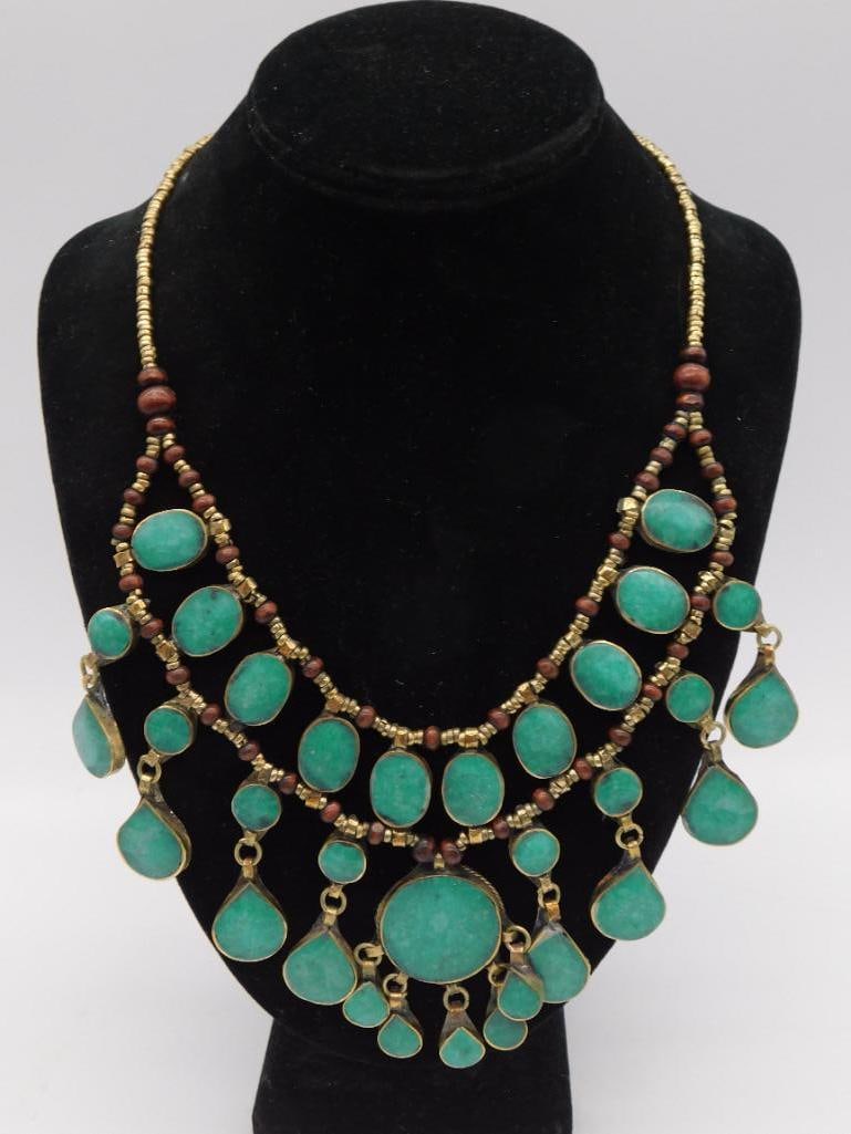 MULTI-STRAND TURQUOISE BIB STYLE NECKLACE VINTAGE ANTIQUE: MULTI-STRAND TURQUOISE BIB STYLE NECKLACE VINTAGE ANTIQUE