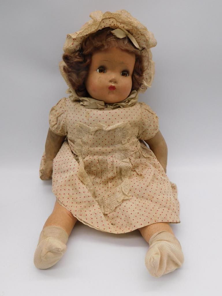 VINTAGE COMPOSITION DOLL WITH RED AND WHITE POLKA DOT DRESS (1 of 4)