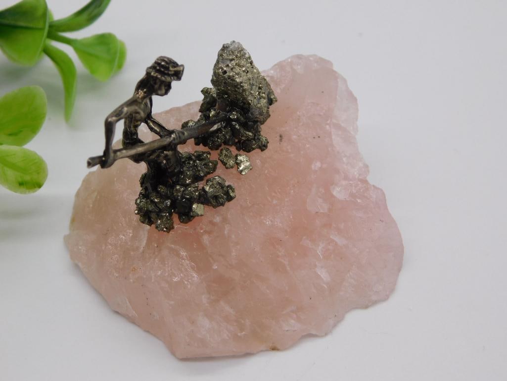PYRITE MINER ON ROSE QUARTZ ROCK STONE LAPIDARY SPECIMEN (1 of 2)