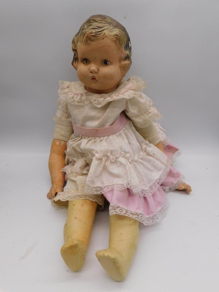 VINTAGE ANTIQUE COMPOSITION DOLL WITH WHITE AND PINK DRESS: VINTAGE ANTIQUE COMPOSITION DOLL WITH WHITE AND PINK DRESS