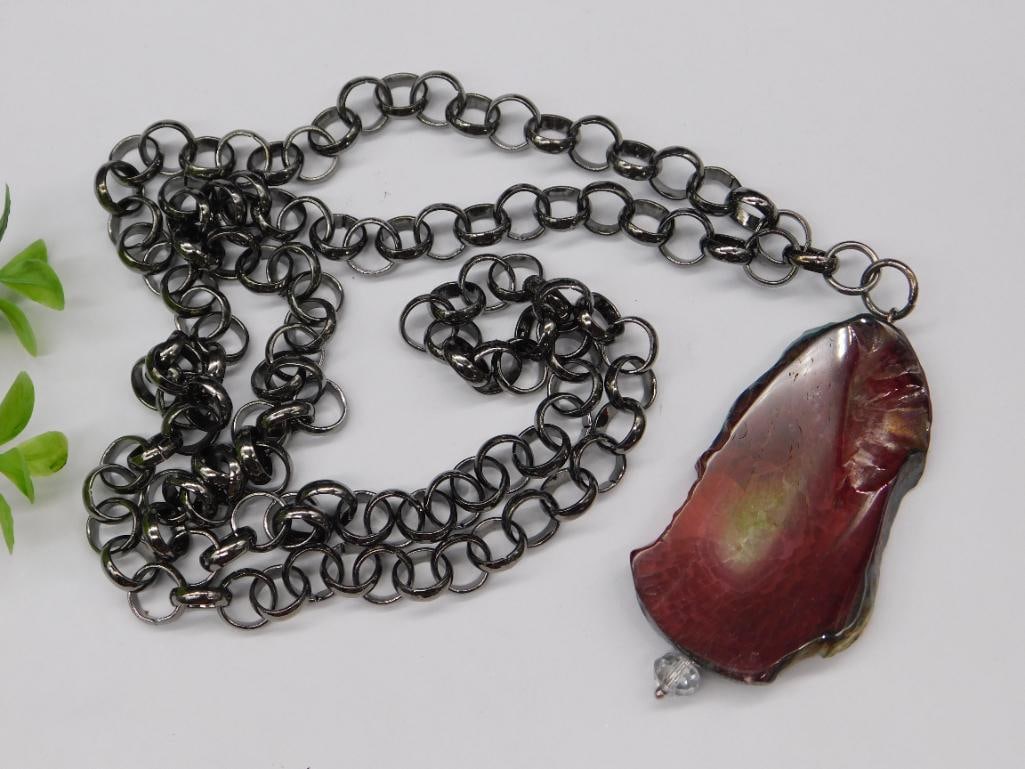 Red Fire Agate Pendant Necklace With Black Chain: Red Fire Agate Pendant Necklace With Black Chain