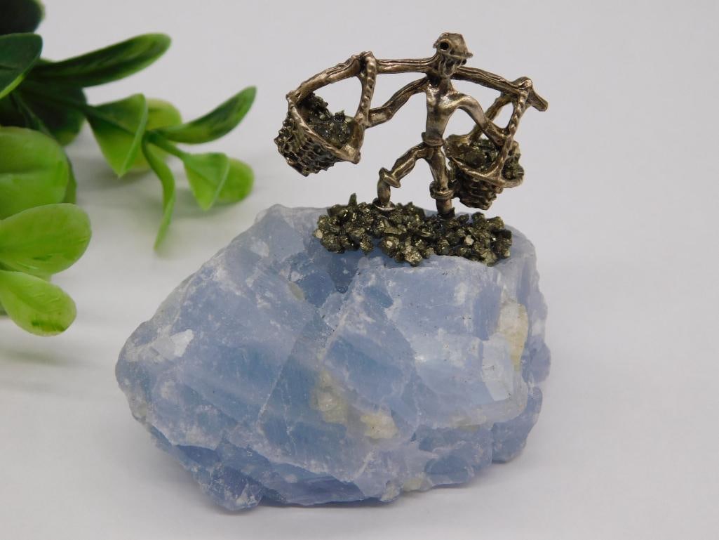 C PYRITE MINER ON CELESTITE ROCK STONE LAPIDARY SPECIMEN (1 of 2)