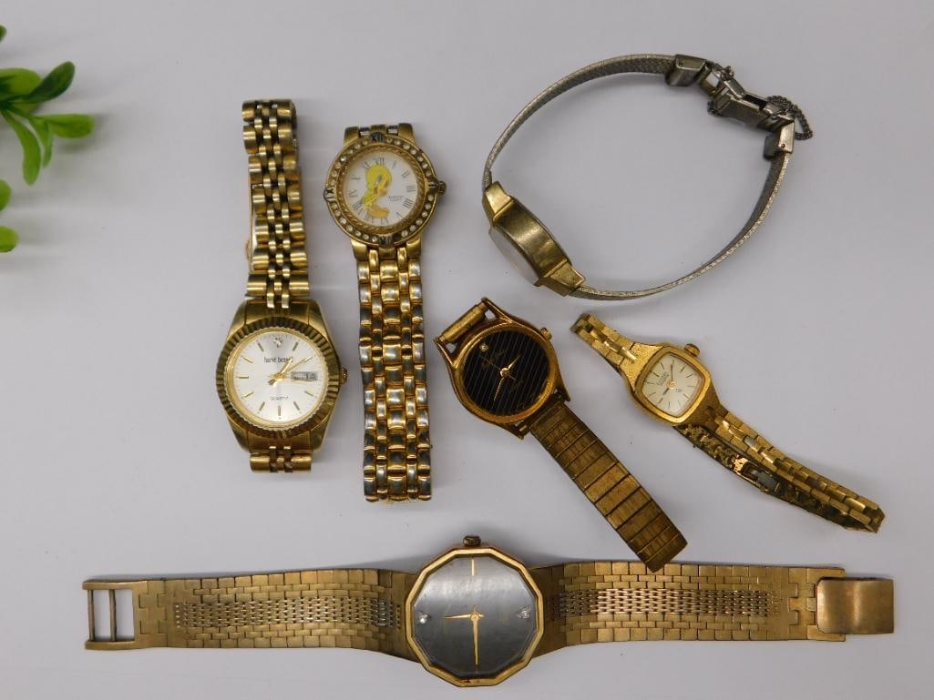 Six Vintage Gold-Tone Wristwatches of Various Styles Watchmaker Watchmaking Tools: Six Vintage Gold-Tone Wristwatches of Various Styles Watchmaker Watchmaking Tools