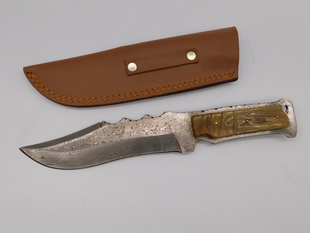 DAMASCUS STEEL KNIFE WITH LEATHER SHEATH VINTAGE TOOL (1 of 4)