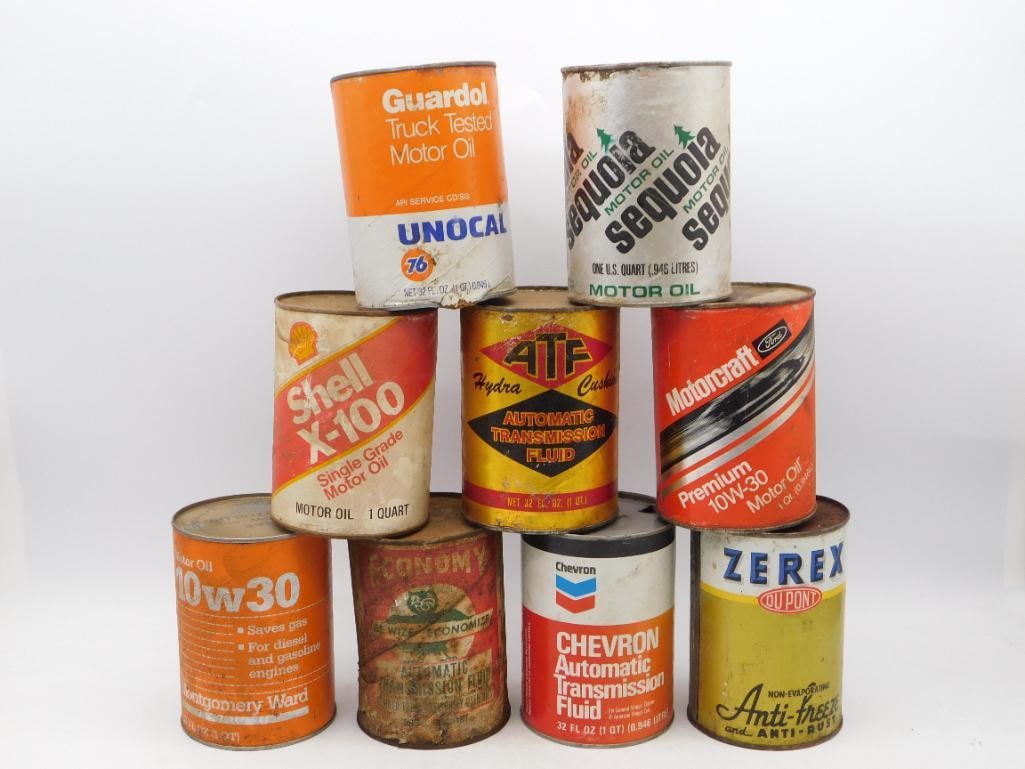 VINTAGE 1 QUART MOTOR OIL AND ANTIFREEZE TINS SHELL CHEVRON MOTORCRAFT UNOCAL AUTOMOBILIA (1 of 2)