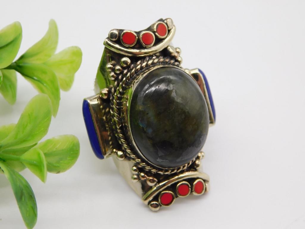 LABRADORITE, LAPIS LAZULI, AND RED CORAL ADJUSTABLE RING ROCK STONE LAPIDARY SPECIMEN: LABRADORITE, LAPIS LAZULI, AND RED CORAL ADJUSTABLE RING ROCK STONE LAPIDARY SPECIMEN