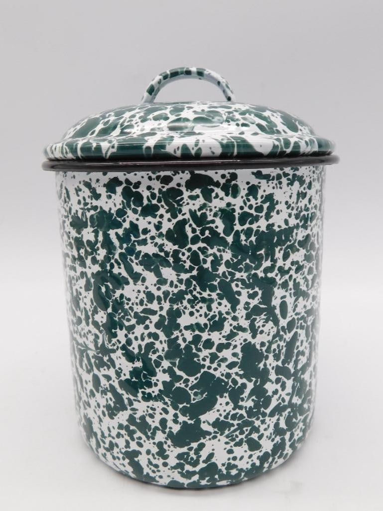 SPECKLED ENAMELWARE CANNISTER SPLATTERWARE: SPECKLED ENAMELWARE CANNISTER SPLATTERWARE