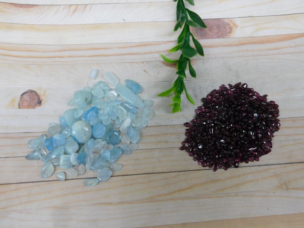 AQUAMARINE AND GARNET ROCK STONE LAPIDARY SPECIMEN: AQUAMARINE AND GARNET ROCK STONE LAPIDARY SPECIMEN