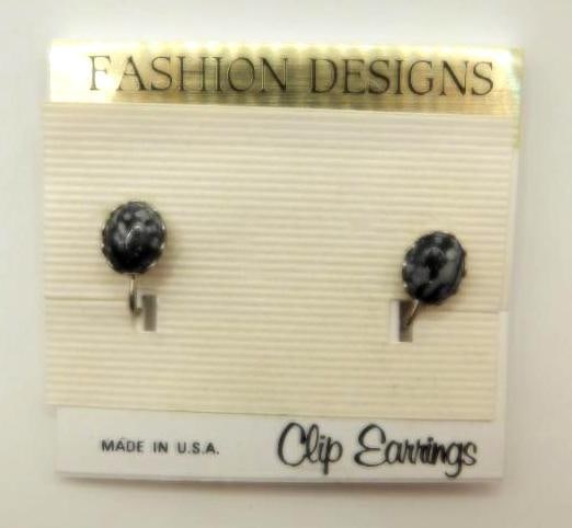 SNOWFLAKE OBSIDIAN CLIP EARRINGS ROCK STONE LAPIDARY SPECIMEN: SNOWFLAKE OBSIDIAN CLIP EARRINGS ROCK STONE LAPIDARY SPECIMEN