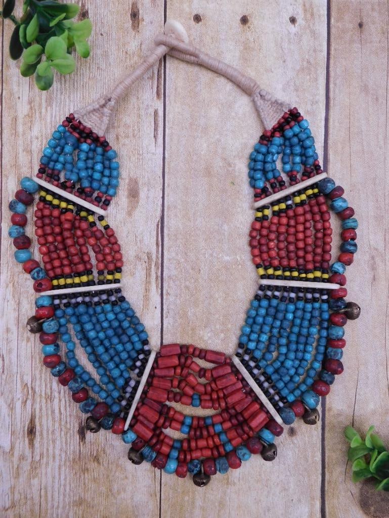 MULTICOLORED TRADITIONAL AFRICAN TRADE BEAD NECKLACE WITH BELL ACCENTS: MULTICOLORED TRADITIONAL AFRICAN TRADE BEAD NECKLACE WITH BELL ACCENTS