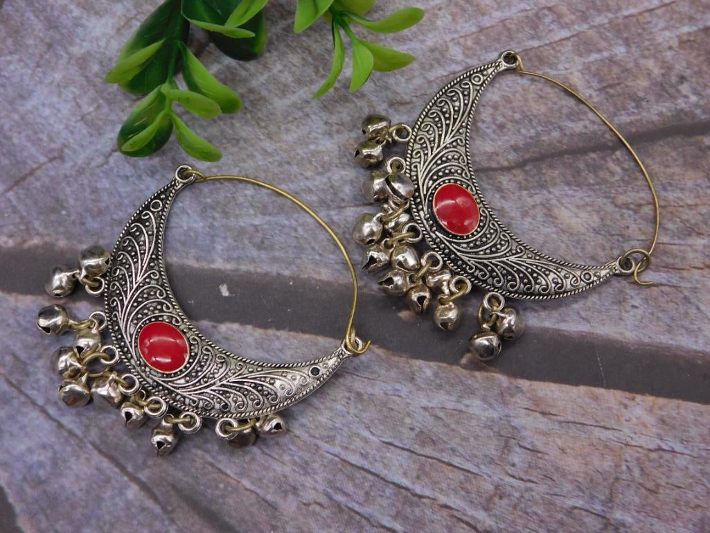 RED JASPER HOOP EARRINGS WITH BELLS ROCK STONE LAPIDARY SPECIMEN (1 of 2)