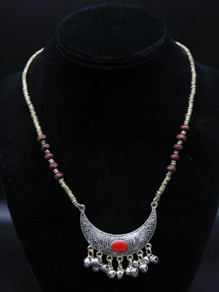 RED JASPER CRESCENT MOON NECKLACE WITH BELLS ROCK STONE LAPIDARY SPECIMEN (1 of 2)