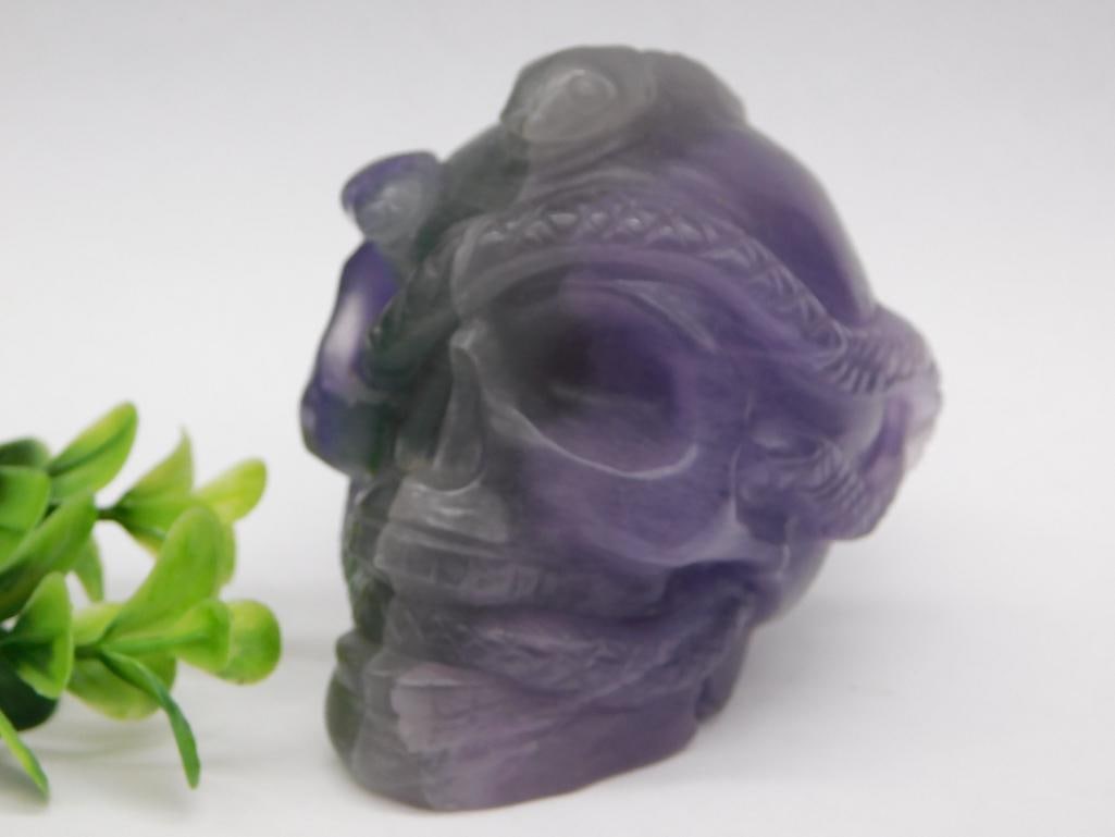 FLUORITE SKULL WITH SNAKE ROCK STONE LAPIDARY SPECIMEN: FLUORITE SKULL WITH SNAKE ROCK STONE LAPIDARY SPECIMEN