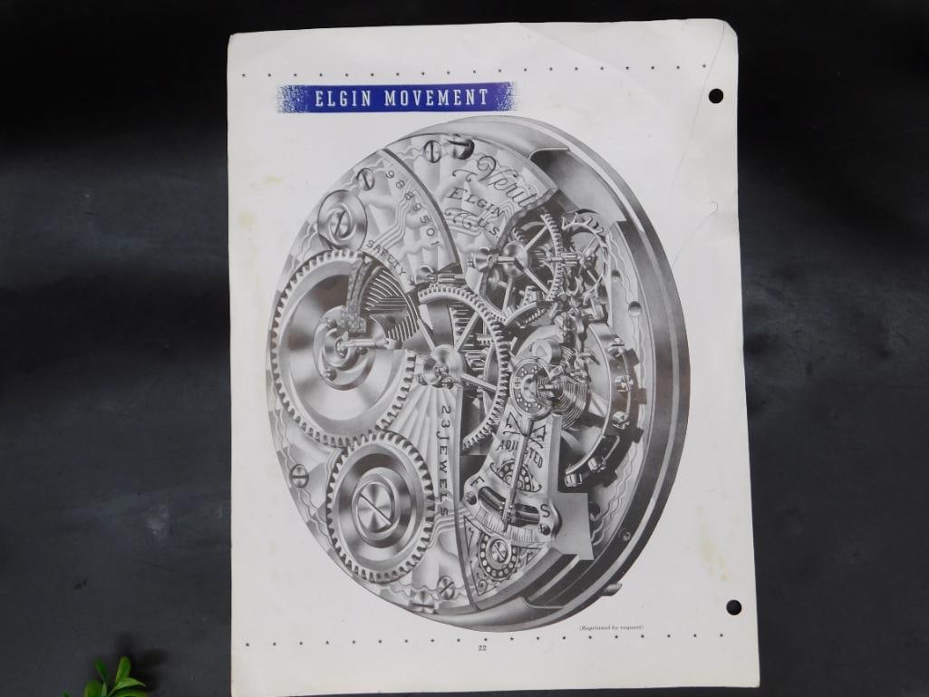 Vintage Elgin Movement Watch Advertisement Print WATCHMAKING WATCHMAKER TOOLS: - Authentic vintage print featuring the Elgin watch movement. | - Black and white imagery showcasing detailed gearwork and mechanisms. | - Printed text on the back featuring instructions and assembly