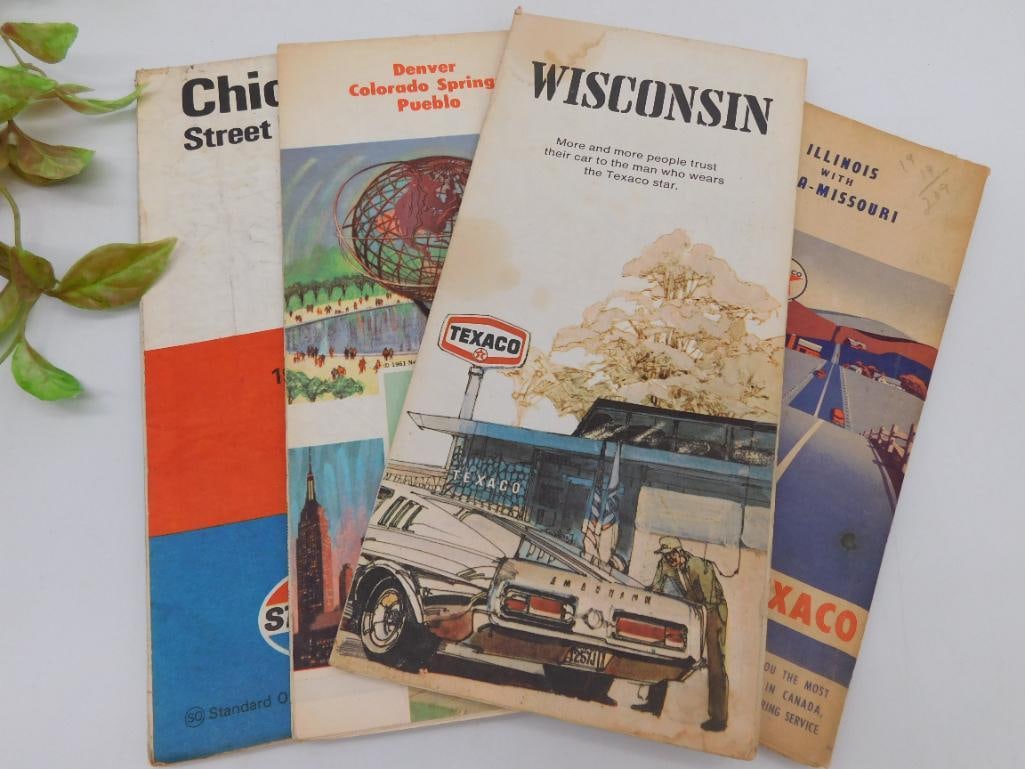 Collection of Four Vintage Road Maps: Set of four vintage road maps featuring Wisconsin, Denver/Colorado Springs/Pueblo, Chicago Street Map, and Illinois. Published by Texaco and Standard Oil, showcasing transportation and travel