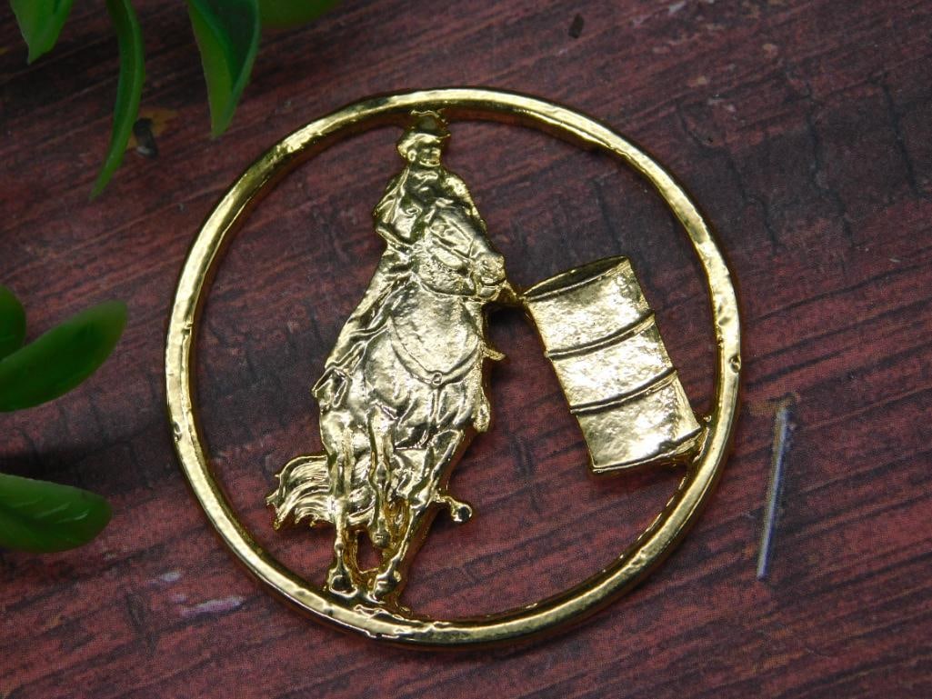 Gold-Tone Barrel Racing Horse Pendant: Gold-Tone Barrel Racing Horse Pendant ? Authentic estate find offered in our online auction. Perfect for collectors, resellers, and enthusiasts of vintage, antiques, minerals, rocks, crystals,