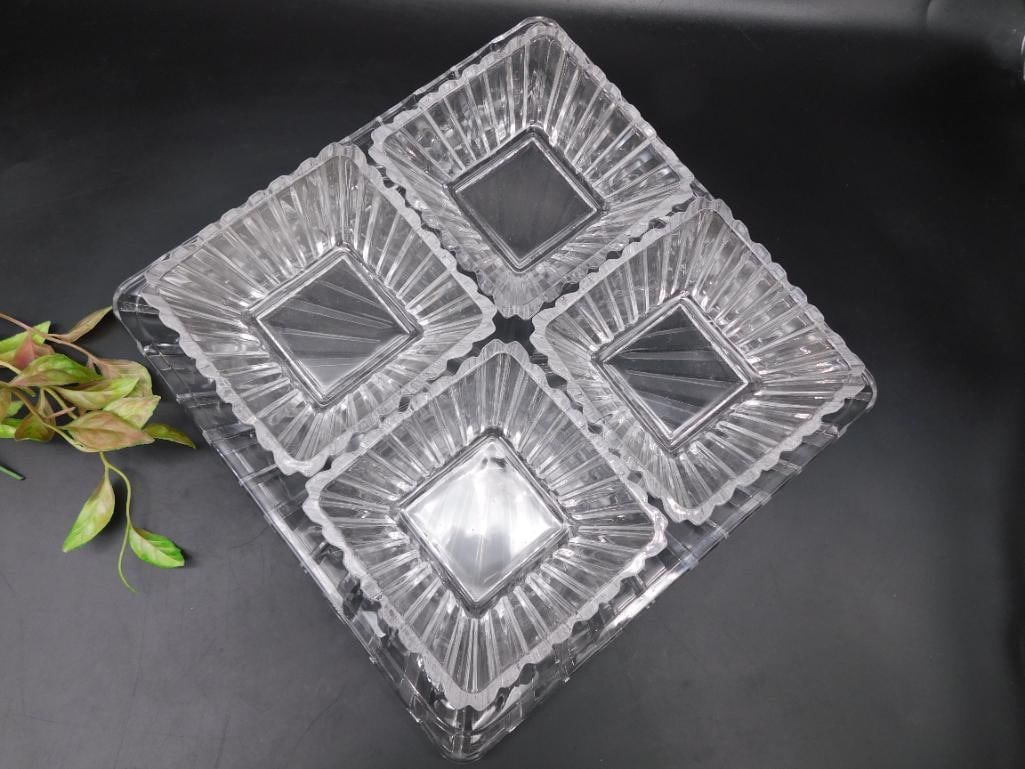 Clear Glass Serving Set with Four Bowls and Tray: Quartz Clusters Rock Stone Lapidary Specimen ? Authentic estate find offered in our online auction. Perfect for collectors, resellers, and enthusiasts of vintage, antiques, minerals, rocks, crystals,