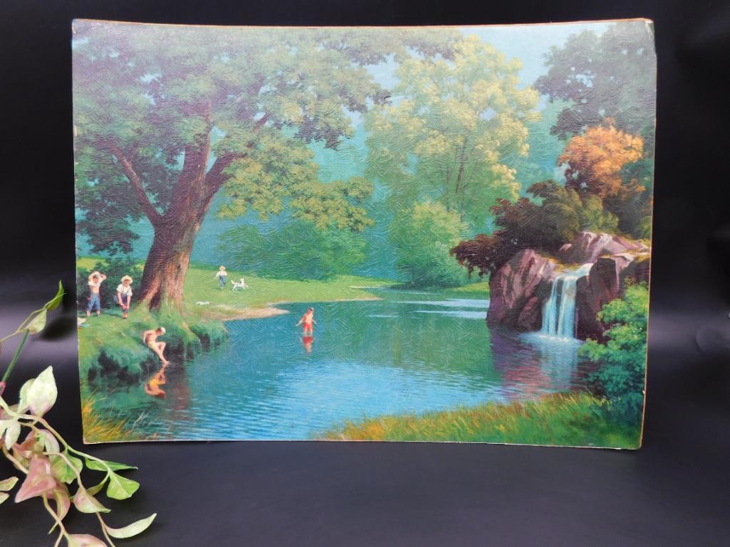 Colorful Landscape Painting with Waterfall and Swimmers: Vintage Advertising Coasters ? Authentic estate find offered in our online auction. Perfect for collectors, resellers, and enthusiasts of vintage, antiques, minerals, rocks, crystals, jewelry,